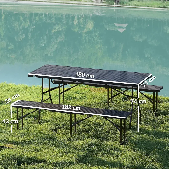 Outsunny Rattan Effect Folding Picnic Table and Bench Set w/ Handles, Black