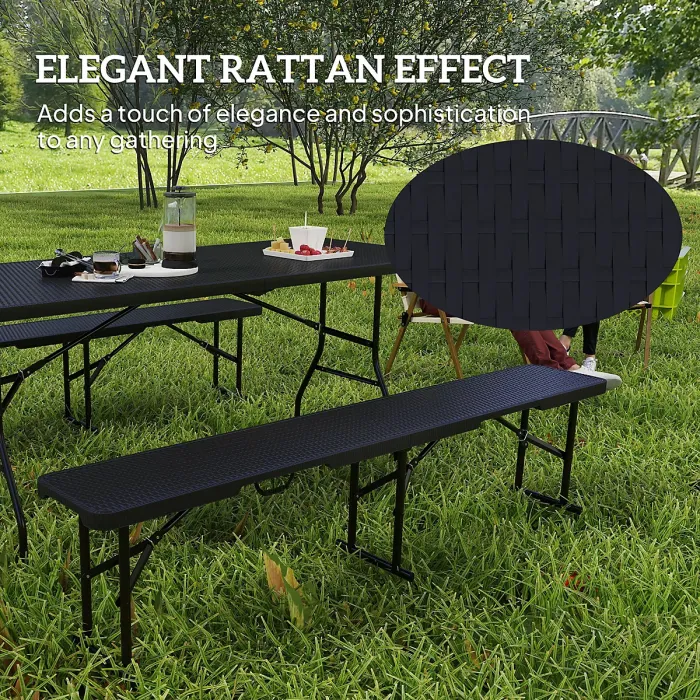 Outsunny Rattan Effect Folding Picnic Table and Bench Set w/ Handles, Black