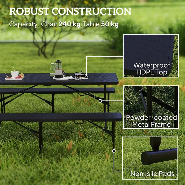 Outsunny Rattan Effect Folding Picnic Table and Bench Set w/ Handles, Black