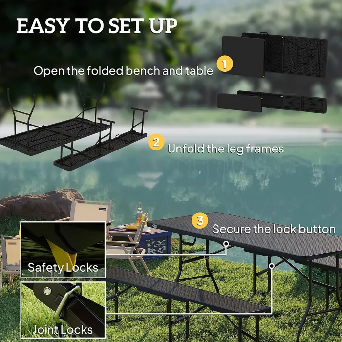 Outsunny Rattan Effect Folding Picnic Table and Bench Set w/ Handles, Black