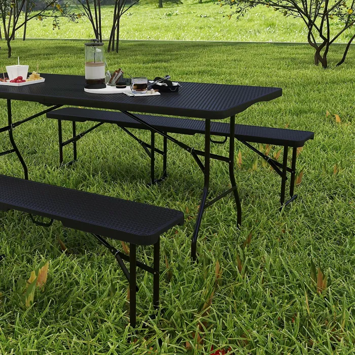Outsunny Rattan Effect Folding Picnic Table and Bench Set w/ Handles, Black