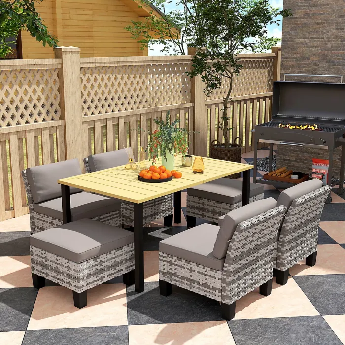 Outsunny 7 PCS Rattan Garden Dining Set with Cushions, Umbrella Hole, Grey