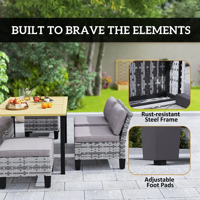 Outsunny 7 PCS Rattan Garden Dining Set with Cushions, Umbrella Hole, Grey