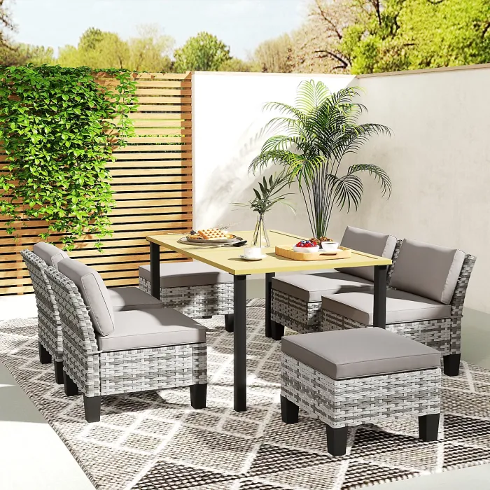 Outsunny 7 PCS Rattan Garden Dining Set with Cushions, Umbrella Hole, Grey