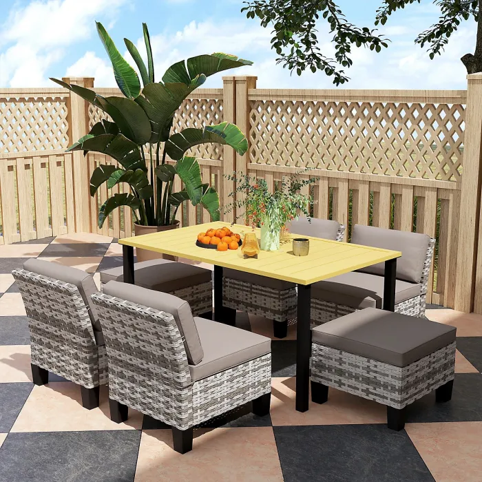 Outsunny 7 PCS Rattan Garden Dining Set with Cushions, Umbrella Hole, Grey