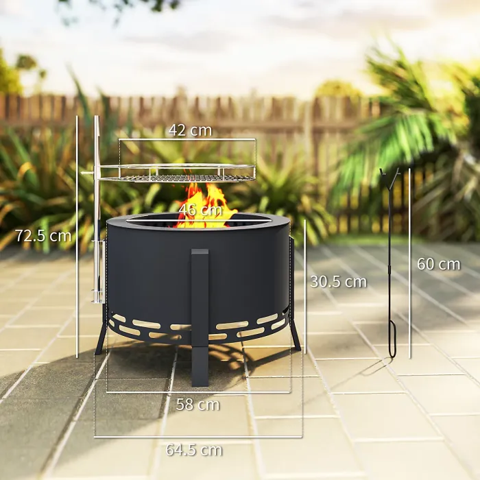Outsunny Portable Fire Pit, 58 cm Round Firepit with Grill Grate, Black