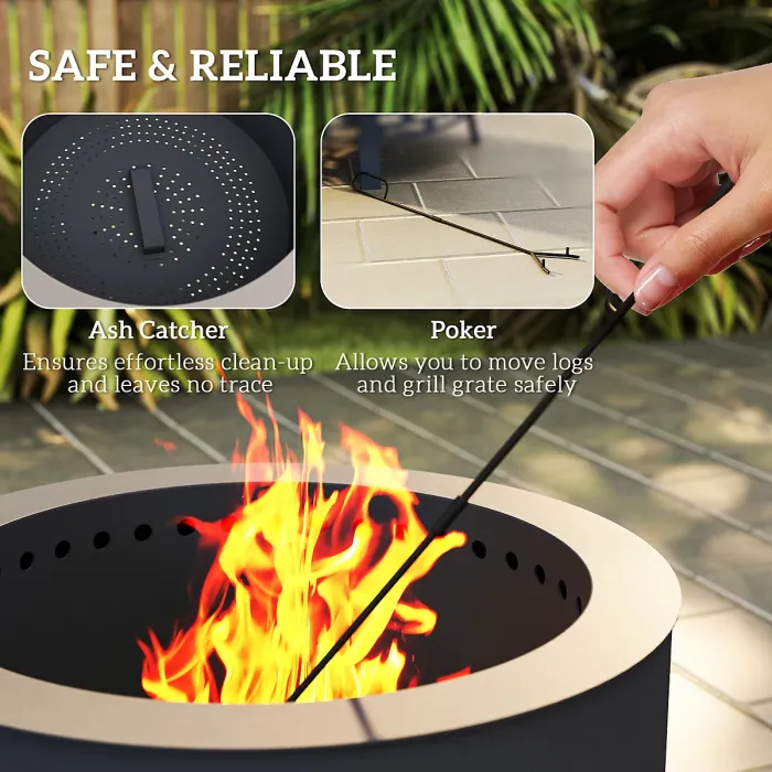 Outsunny Portable Fire Pit, 58 cm Round Firepit with Grill Grate, Black