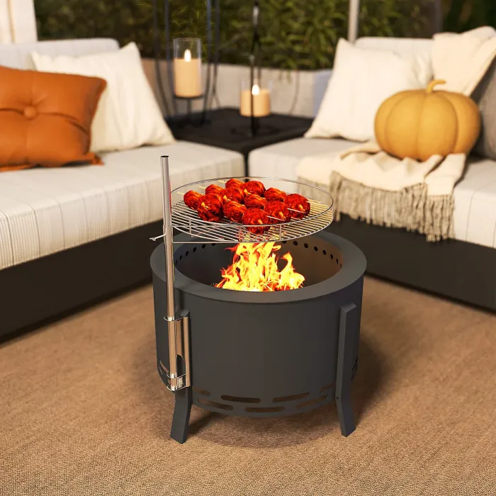 Outsunny Portable Fire Pit, 58 cm Round Firepit with Grill Grate, Black
