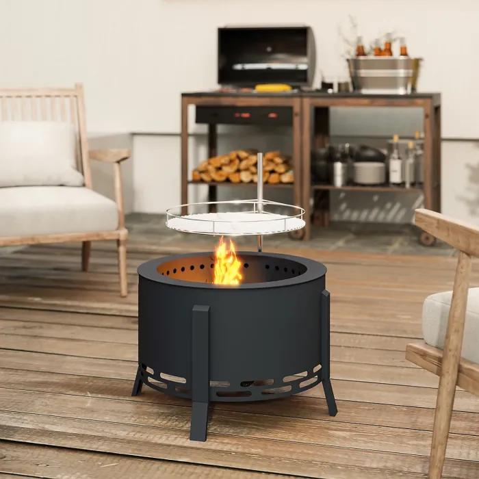 Outsunny Portable Fire Pit, 58 cm Round Firepit with Grill Grate, Black