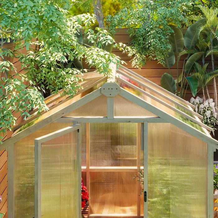 Outsunny 6.6 x 6ft Wooden Polycarbonate Greenhouse with Lockable Door, Brown