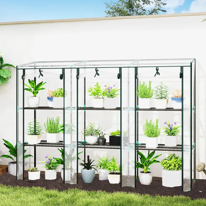 Outsunny 3 Tier Lean-to Mini Greenhouse with Plastic Cover, Clear