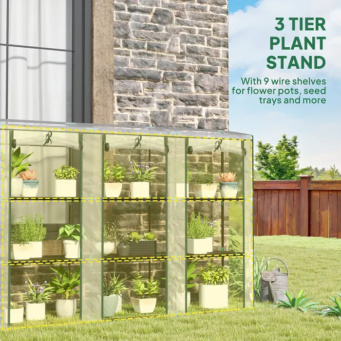 Outsunny 3 Tier Lean-to Mini Greenhouse with Plastic Cover, Clear