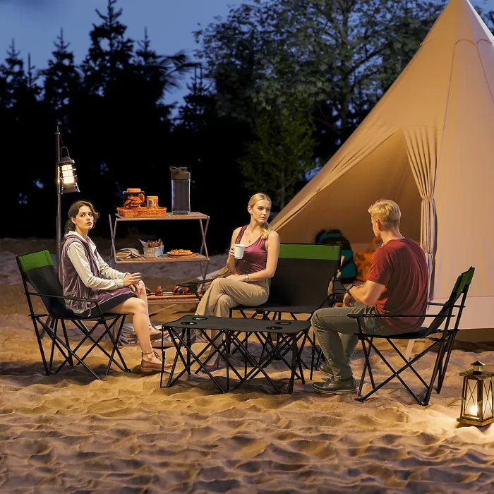 Outsunny 4 Piece Foldable Camping Table and Chairs Set, Olive Green