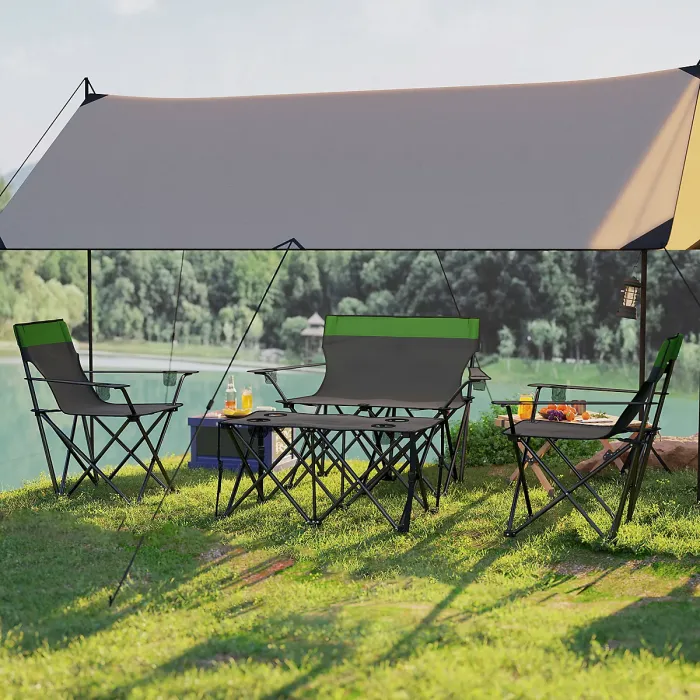 Outsunny 4 Piece Foldable Camping Table and Chairs Set, Olive Green