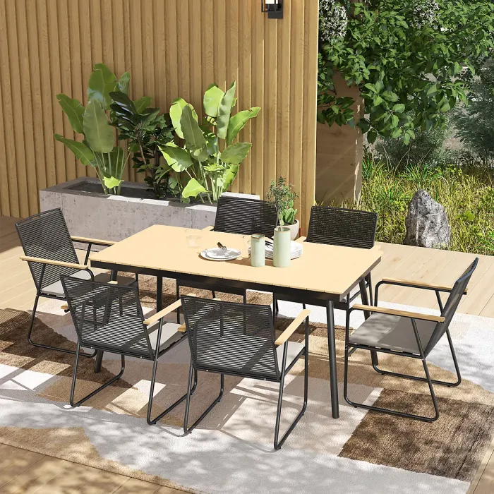 Outsunny 6 Seater Garden Dining Set with Cushions Rattan Backrest, Natural