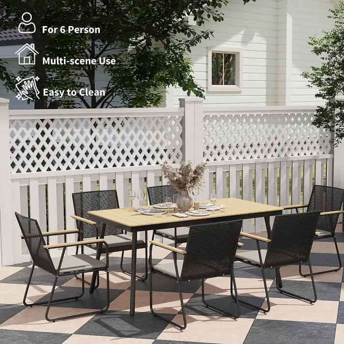 Outsunny 6 Seater Garden Dining Set with Cushions Rattan Backrest, Natural