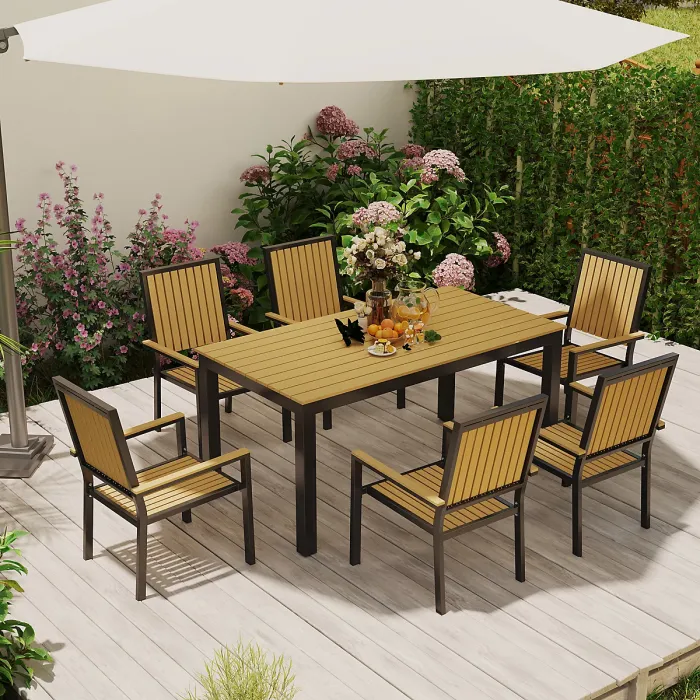 Outsunny 6 Seater Aluminium Garden Dining Set with Stackable Chairs, Natural