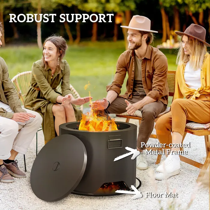 Outsunny Outdoor Round Fire Pit with Lid, Firepit with Fire Poker, Black
