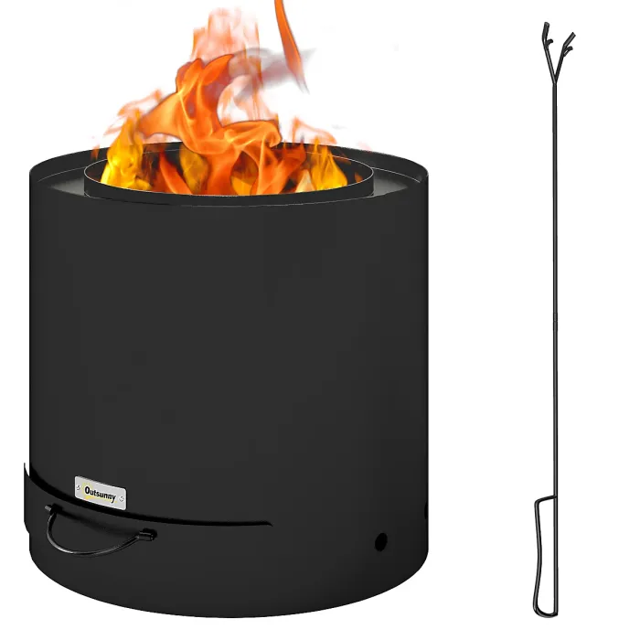 Outsunny Outdoor Round Fire Pit with Ash Tray and Fire Poker, Black