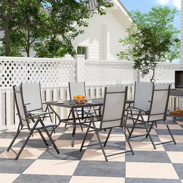 Outsunny 7 PCs Garden Dining Set, Folding Chairs and Metal Top Table, Grey