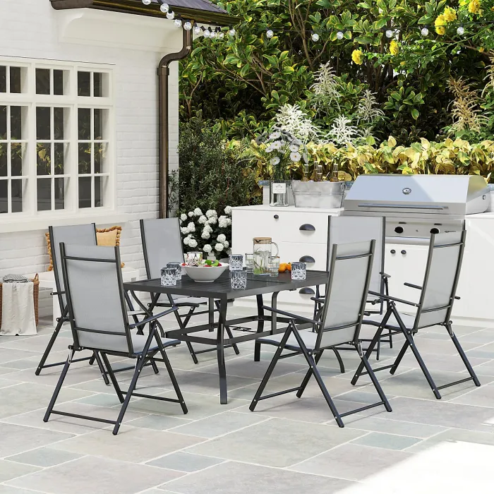 Outsunny 7 PCs Garden Dining Set, Folding Chairs and Metal Top Table, Grey