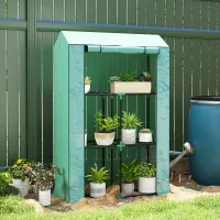 Outsunny 3 Tier Mini Greenhouse with PE Cover, Roll-Up Door, Green