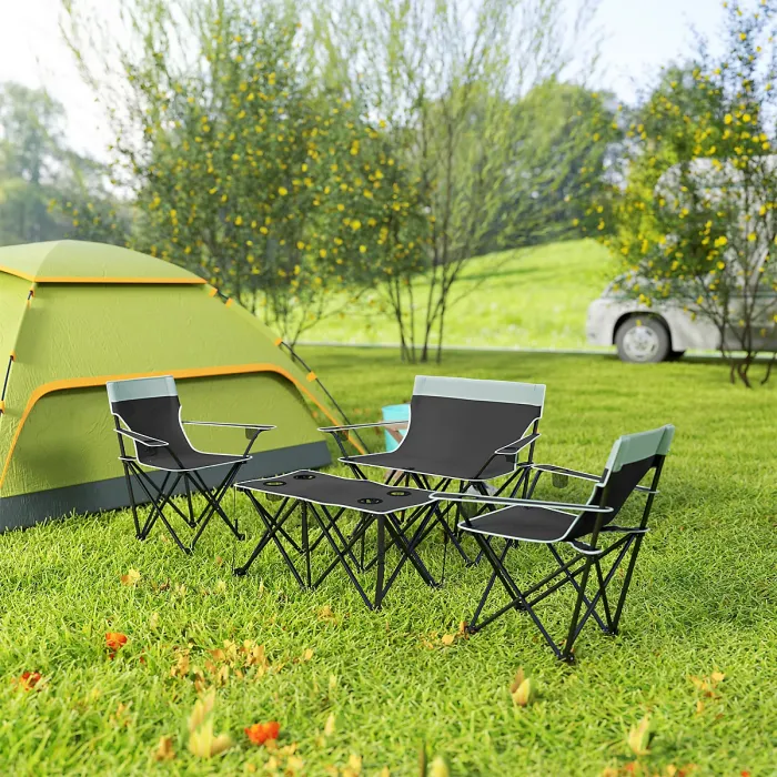 Outsunny 4 Piece Foldable Camping Table and Chairs Set, Grey