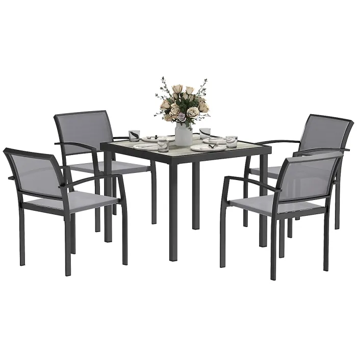 Outsunny 5 Piece Garden Furniture Set with 4 Stackable Armchairs, Grey