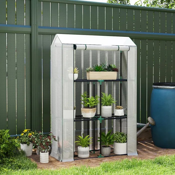 Outsunny 3 Tier Mini Greenhouse with PE Cover, Roll-Up Door, White