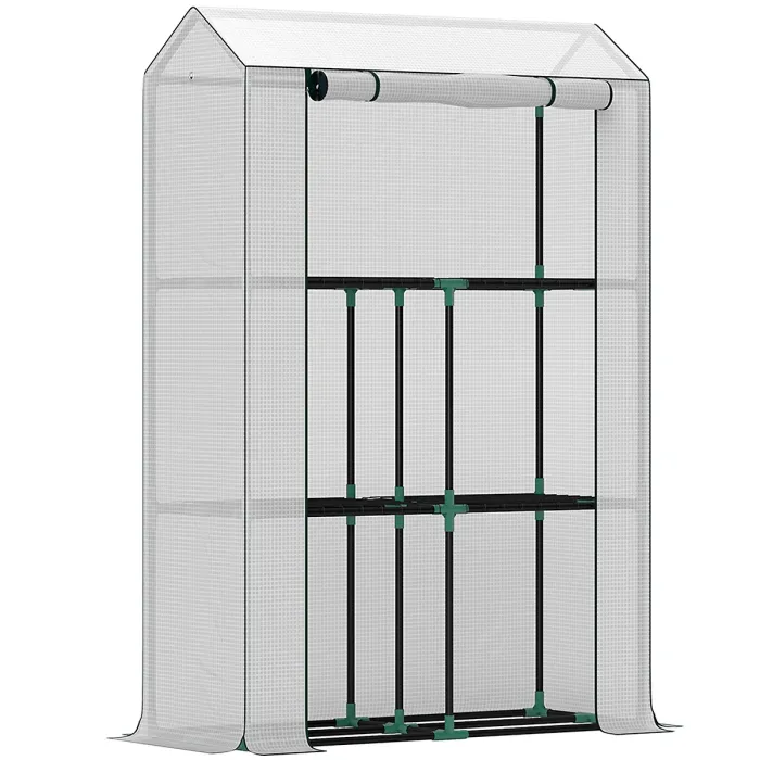 Outsunny 3 Tier Mini Greenhouse with PE Cover, Roll-Up Door, White