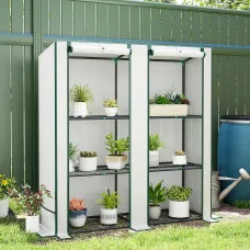 Outsunny 3 Tier Lean-to Mini Greenhouse with Green Hemmed Edging, White