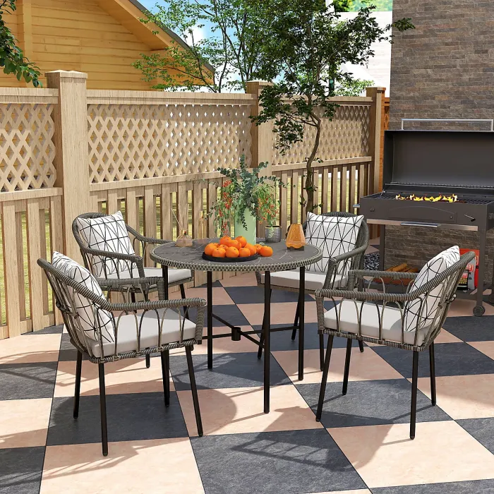 Outsunny 5 Piece Patio Rattan Dining Set w/ Removable Cushions, Grey