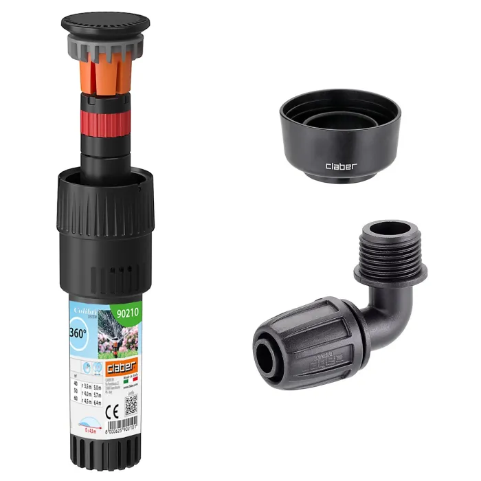 Claber Colibri 90210 360 Degree Pop-Up Sprinkler Kit, Elbow Connector and Collar Guard Bundle