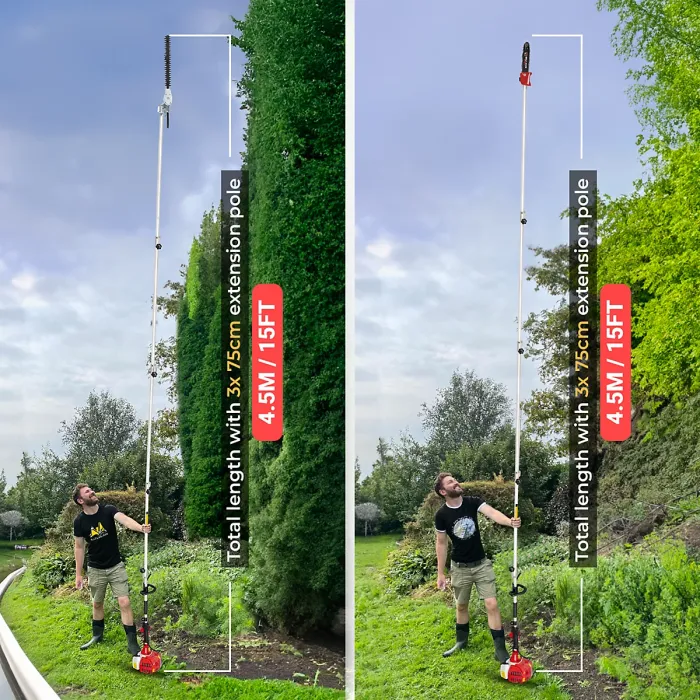 BU-KO 52cc Long Reach Petrol Multi Functional Garden Tool: Strimmer, Hedge Trimmer, Pruner Chainsaw, 1m Extension Pole