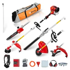 BU-KO 52cc Long Reach Petrol Multi Functional Garden Tool: Strimmer, Hedge Trimmer, Pruner Chainsaw, 1m Extension Pole, Tool Bag