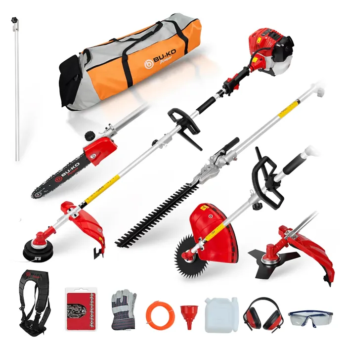 BU-KO 52cc Long Reach Petrol Multi Functional Garden Tool: Strimmer, Hedge Trimmer, Pruner Chainsaw, 1m Extension Pole, Tool Bag