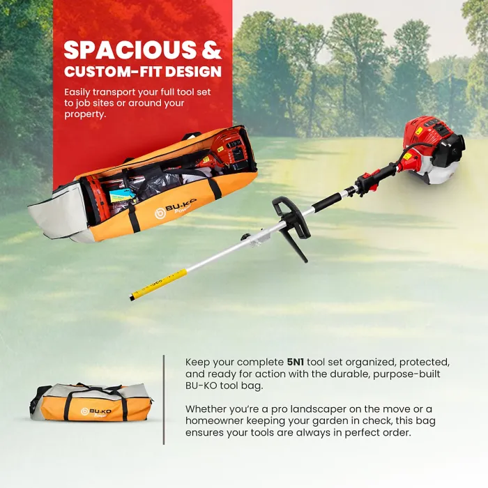 BU-KO 52cc Long Reach Petrol Multi Functional Garden Tool: Strimmer, Hedge Trimmer, Pruner Chainsaw, 1m Extension Pole, Tool Bag