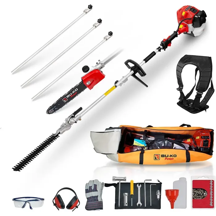 BU-KO 52cc Long Reach Petrol Hedge Trimmer and Pruner Saw with 3x 75cm Extension Pole and Toolbag