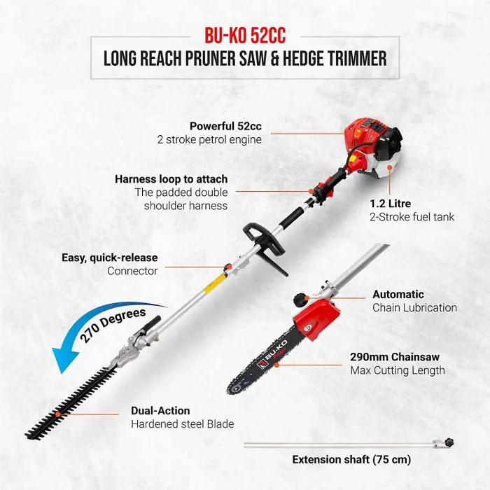 BU-KO 52cc Long Reach Petrol Hedge Trimmer and Pruner Saw with 3x 75cm Extension Pole and Toolbag
