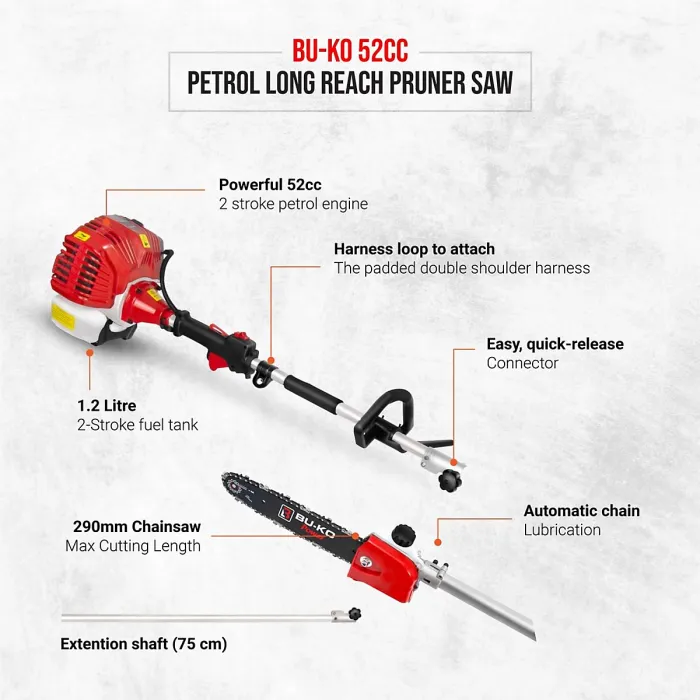 BU-KO 52cc Long Reach Petrol Hedge Trimmer and Pruner Saw with 75cm Extension Pole and Toolbag