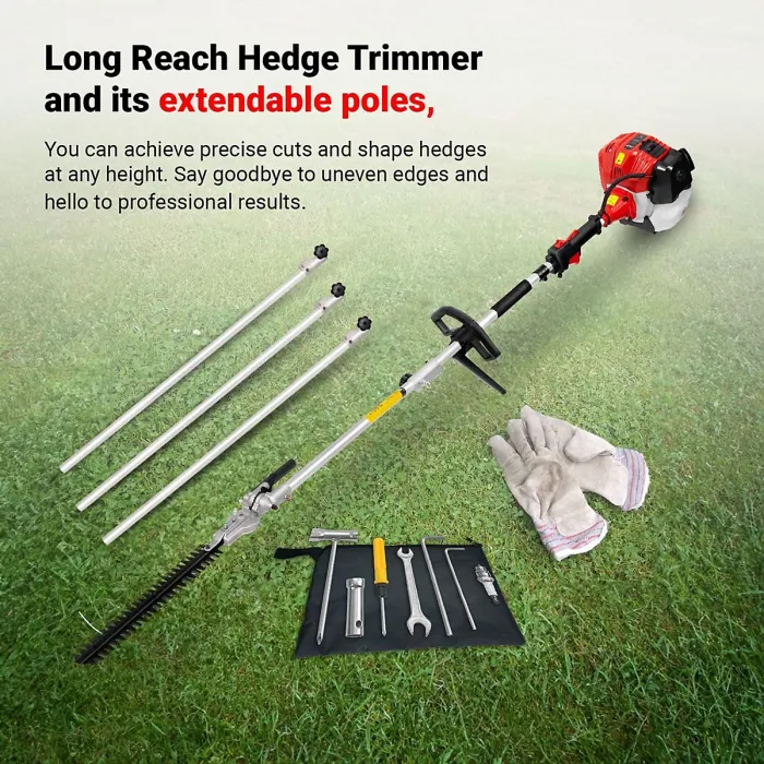 BU-KO 52cc Long Reach Petrol Hedge Trimmer and 3x 75cm Extension Pole w/Toolbag
