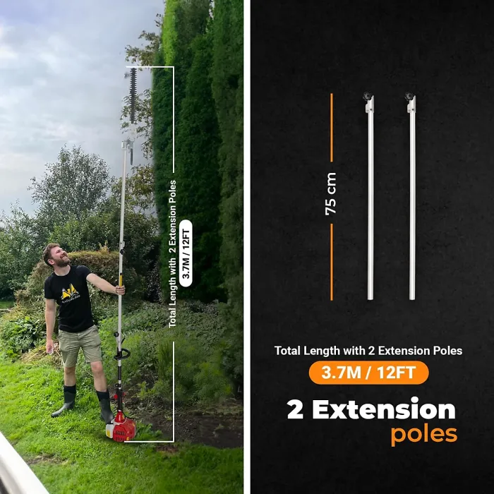 BU-KO 52cc Long Reach Petrol Hedge Trimmer and 3x 75cm Extension Pole w/Toolbag