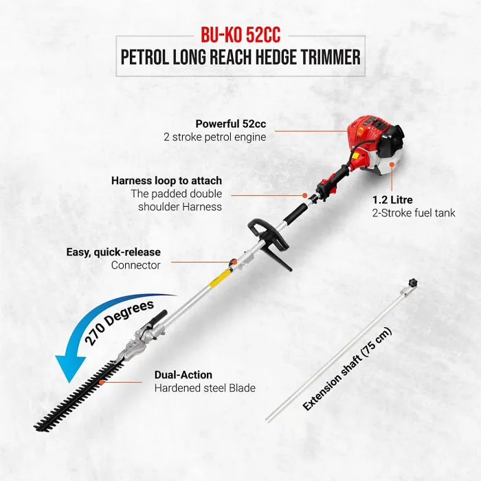 BU-KO 52cc Long Reach Petrol Hedge Trimmer and 75cm Extension Pole