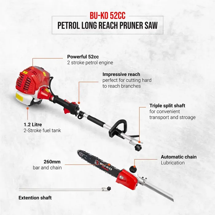 BU-KO 52cc Long Reach Petrol Pruner Saw Attachment and 3X 75cm Extension Pole