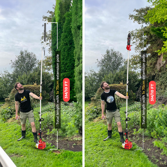 BU-KO 52cc Long Reach Petrol Multi Functional Garden Tool: Strimmer, Hedge Trimmer, Pruner Chainsaw, 1m Extension Pole