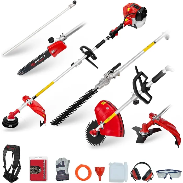 BU-KO 52cc Long Reach Petrol Multi Functional Garden Tool: Strimmer, Hedge Trimmer, Pruner Chainsaw, 1m Extension Pole