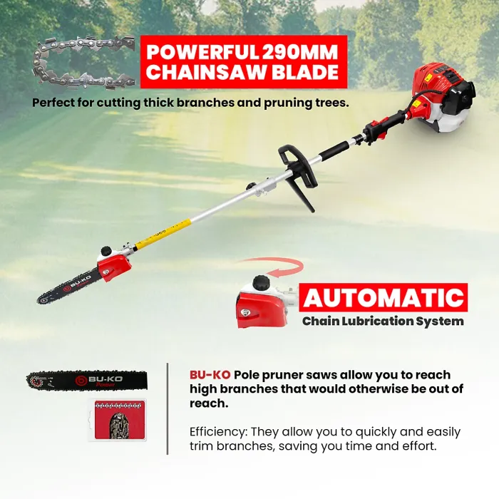 BU-KO 52cc Long Reach Petrol Multi Functional Garden Tool: Strimmer, Hedge Trimmer, Pruner Chainsaw, 1m Extension Pole, Tool Bag