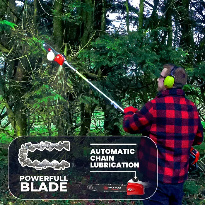 BU-KO 52cc Long Reach Petrol Multi Functional Garden Tool: Strimmer, Hedge Trimmer, Pruner Chainsaw, 1m Extension Pole, Tool Bag