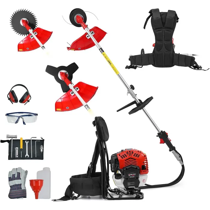 BU-KO 52cc Backpack Petrol Strimmer Garden Tool Including: String Trimmer, Brush Cutter with 3T Blade and 40T Blade Weed Brush Cut