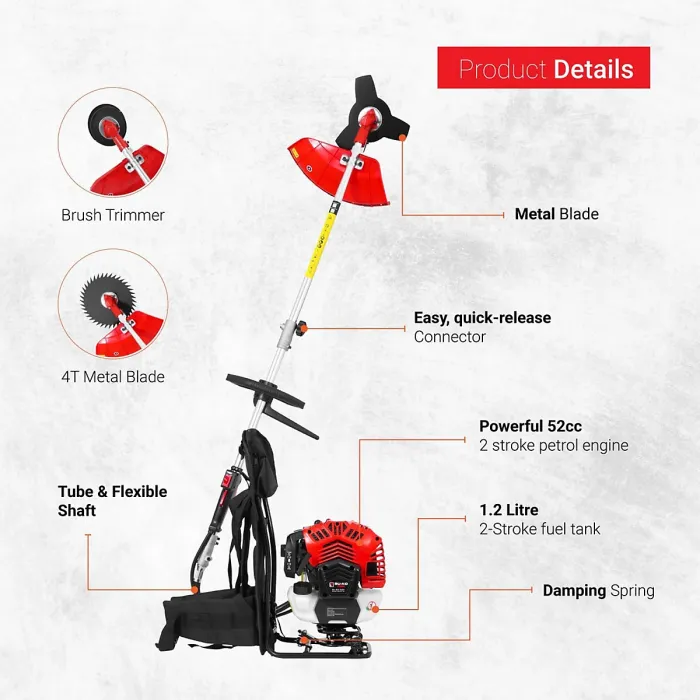 BU-KO 52cc Backpack Petrol Strimmer Garden Tool Including: String Trimmer, Brush Cutter with 3T Blade and 40T Blade Weed Brush Cut